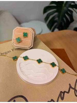 Güneş Takı Gold Yeşil Yonca Bileklik, Küpe Seti