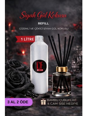 De Parfum Siyah Gül Kokulu Oda Kokusu 1 Litre Yedek Dolum Şişesi + 115 ml Cam Şişe ve Bambu Çubuk