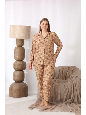 Seboteks Boydan Düğmeli Desenli Süet Kumaş Büyük Beden Kadın Pijama Takımı 510