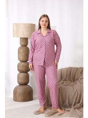 Seboteks Boydan Düğmeli Desenli Süet Kumaş Büyük Beden Kadın Pijama Takımı 510