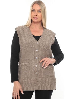 İKSUN Kadın Düğmeli Cepli V Yaka Örgü Yün Anne Triko Kışlık Yelek