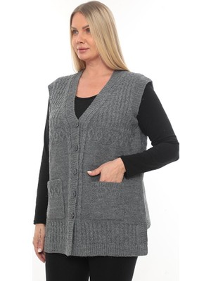 İKSUN Kadın Düğmeli Cepli V Yaka Örgü Yün Anne Triko Kışlık Yelek