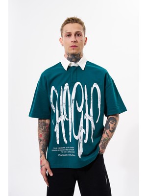 Machinist Erkek High Baskılı Oversize Polo Yaka Tişört Yağ Yeşili