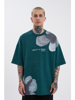 Machinist Erkek Yıkamalı Flowers Baskılı Oversize Tişört Yağ Yeşili