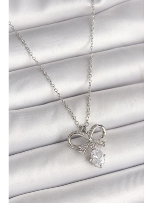 Stainless Steel 316L Çelik Zincir Gümüş Renk Zirkon Taşlı Damla Detay Fiyonk Kolye