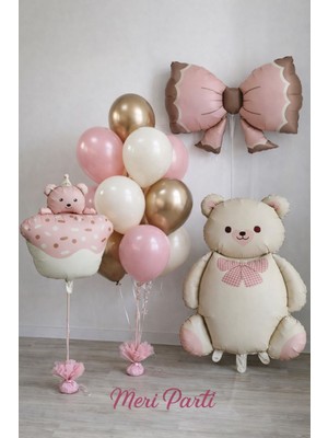 Meri Parti Pastel Pembe Gold Teddy Ayıcık Balon Seti – Cupcake & Fiyonk Figürlü Doğum Günü Konsept Dekoru