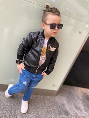 Burçak Butik Erkek Çocuk Deri Ceket / Kot Pantolon / Baskılı Tişört 3 Parça Kışlık Takım - Bayramlık