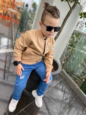 Burçak Butik Erkek Çocuk Deri Ceket / Kot Pantolon / Baskılı Tişört 3 Parça Kışlık Takım - Bayramlık