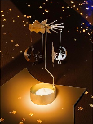 Altın Renkli Dönen Metal Mumluk Mutlu Kedi Tasarımlı Isı ile Dönen Dilek Çanı