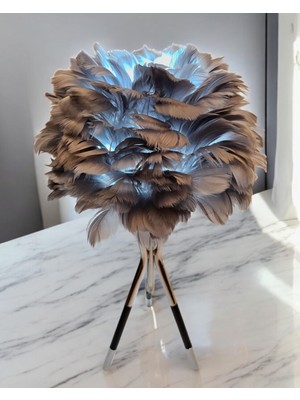 Feyza Design Yumuşak Tüylü, Üçlü Ayaklı Dekoratif Abajur, Şık Gri Renkli Tasarım