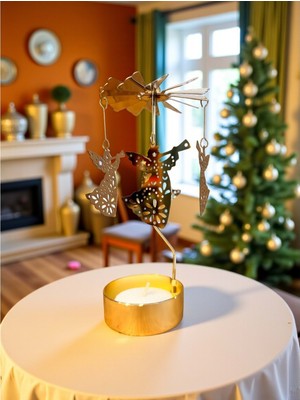 Altın Renkli Dönen Metal Mumluk Melek Kız Tasarımlı Isı ile Dönen Dilek Çanı