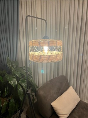 Feyza Design E27 Tripot Rattan Bambu Metal Siyah Lambader, Şık ve Modern Tasarım