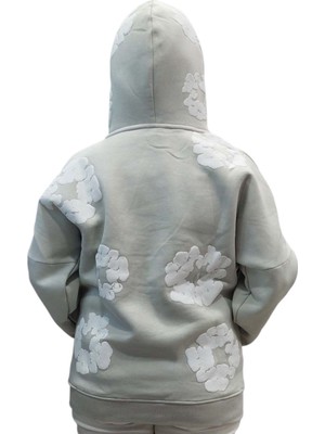 Teras Kadın Gri Kapüşonlu Owersize Üç Iplik Şardonlu Çiçek Baskılı Sweat Shirt Ksk-Dnm