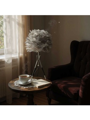 Feyza Design Şık ve Doğal Kuş Tüylü Tripot Abajur ile Odanızı Güzelleştirin