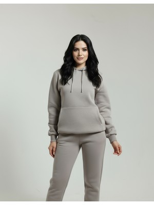 Taş Kadın 3 Iplik Içi Pamuklu Kanguru Eşofman Takımı Kışlık Yumuşacık Dokulu Polarlı Yünlü