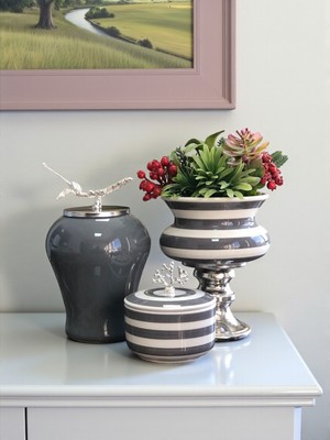 Modern Gri Zebra Dekoratif Seti, Şah ve Saksı ile Feray Home