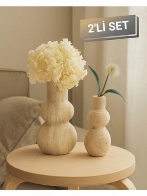 Iki Parça Doğal Traverten Dekoratif Vazo Seti