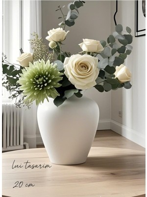 Iskandinav Tarzı Seramik Dekoratif Vazo, 20 Cm, Antik Beyaz, Şık ve Modern