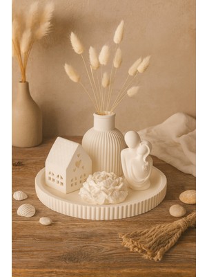 Vernikli 5'li Set Sarılan Sevgili Beton Kokulu Gül Taşı Çizgili Vazo & Tealight