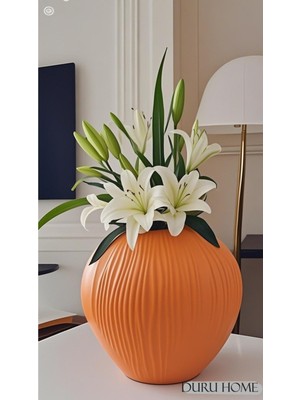 Iskandinav Tarzı Büyük Oval Seramik Çizgi Desenli Turuncu Vazo