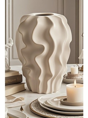 Krem Rengi Xl Boy Şık Dekoratif Vazo, Modern Ev Tasarımı