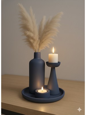 Modern 4'lü Dekoratif Set (Vazo-Şamdan-Mumluk-Tepsi) Antrasit