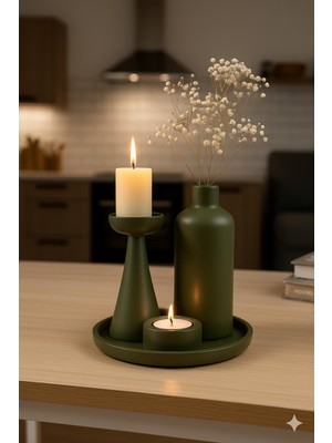 Şık 4'lü Dekoratif Set: Vazo, Şamdan, Mumluk ve Tepsiyle Tarzınızı Yansıtın