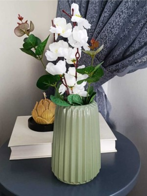 Mint Yeşili Çizgili Büyük Konik Vazo, Bohem ve Iskandinav Tarz