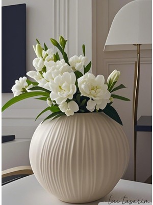 Krem Rengi Iskandinav Bohem Seramik Vazo 22 cm Zarif ve Şık Tasarım