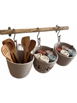 Ms Milasewing 3'lü Bohem Örgü Asma Sepet Seti – El Yapımı Mutfak ve Banyo Organizer