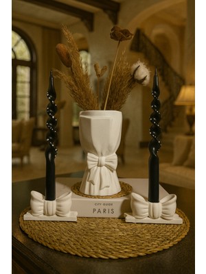 Bohem Dekoratif Fiyonk Kurdele Vazo ve Mumluk Takımı, 2 Adet Hediyeli