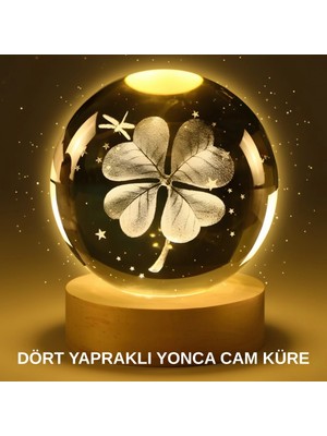 Eco Lounge Yonca Bitki Figürlü LED Işıklı Cam Küre USB Ahşap Standlı Gece Lambası
