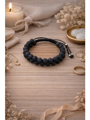 Enfera Doğal Taş Doğal Taş Lav Taşı Makrome Çift Sıra Bileklik