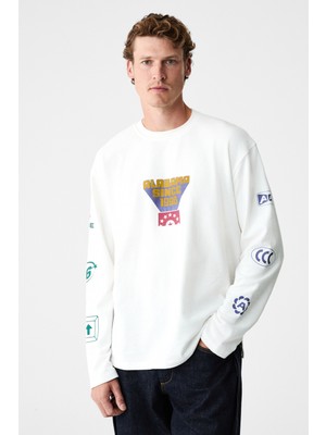 Grimelange Kalımera Erkek %100 Organik Pamuklu Bisiklet Yakalı Uzun Kollu Beyaz T-Shirt