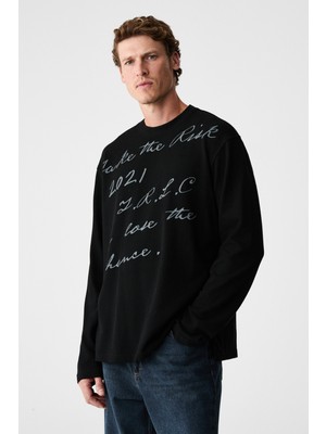 Grimelange Scrıptlet Erkek %100 Organik Pamuklu Baskılı Bisiklet Yakalı Oversize Siyah T-Shirt