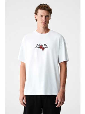 Grimelange Dados Erkek Göğüs ve Sırt Baskılı %100 Organik Pamuklu Bisiklet Yakalı Beyaz T-Shirt