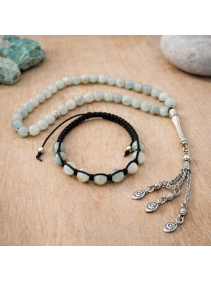 Enfera Doğal Taş Doğal Taş Amazonit Taşı Tesbih 33'lü ve Bileklik Makrome Set