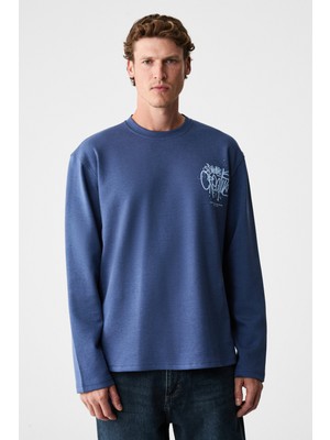 Grimelange Creator Erkek Göğsü ve Sırtı Baskılı Pamuklu Bisiklet Yakalı Oversize Uzun Kollu Lacivert T-Shirt