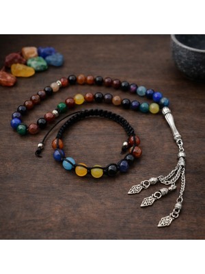 Enfera Doğal Taş Doğal Taş Çakra Taşı Tesbih 33'lü ve Bileklik Makrome Set