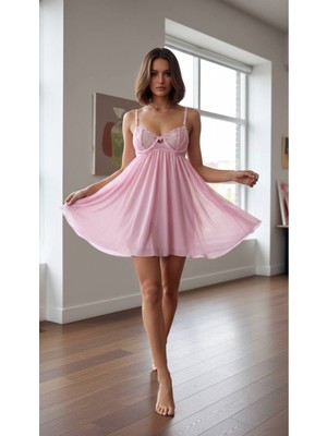 Arona Lingerie Çiçekli Brode Dantelli Balenli Tül Gecelik Takımı - A-400