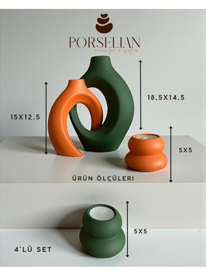 El Yapımı Beton Sarmaşık Seti, Turuncu ve Yeşil Renkli Dekoratif 4’lü Vazo ve Mumluk