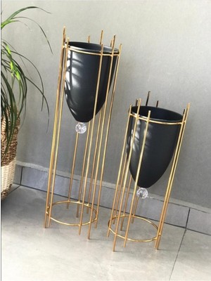 Modern 2'li Krom Kaplı Çiçeklik Saksılık Büyük Boy Vazo Seti