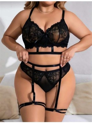 Aria's Closet Arias Closet Büyük Beden Siyah Dantel Işlemeli Ipli Fantezi Jartiyer Takımı