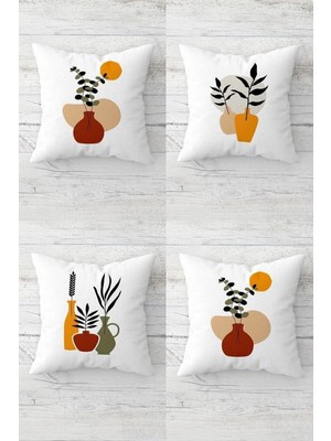 Bohem Vazo ve Yaprak Desenli Kırlent Kılıfı Takımı (4'lü)