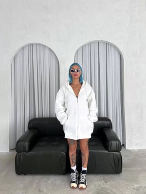 Giyim Center Oversize Tam Fermuarlı Uzun Kol Hırka - Beyaz