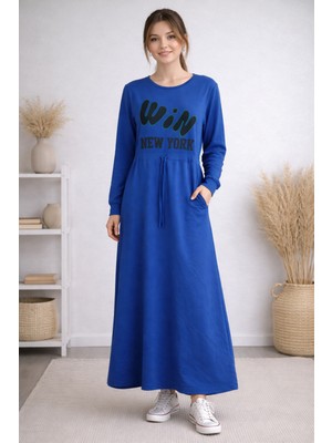 Miskoza Kadın  Uzun Elbise Win New York Baskılı Uzun Kollu Günlük Elbise