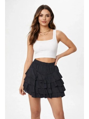 Fresco Scarfs Siyah Katlı Mini Fırfıtlı Etek Lastikli Yüksel Bel, Volanlı Tasarım, Rahat Kalıp, Günlük Ve Şık Kombinelere Uygun Yazlık Etek - Siyah