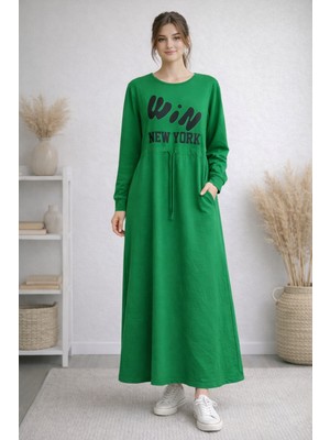 Miskoza Kadın  Uzun Elbise Win New York Baskılı Uzun Kollu Günlük Elbise