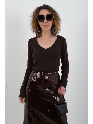 Zelish My Sister Koyu Kahve V Yaka Kaşmirli Triko Kazak