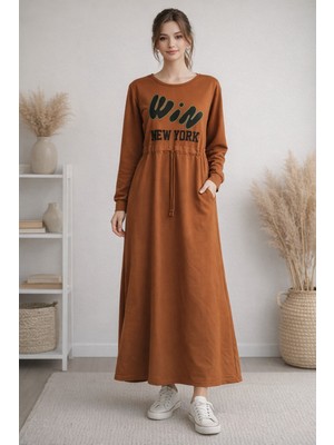 Miskoza Kadın  Uzun Elbise Win New York Baskılı Uzun Kollu Günlük Elbise